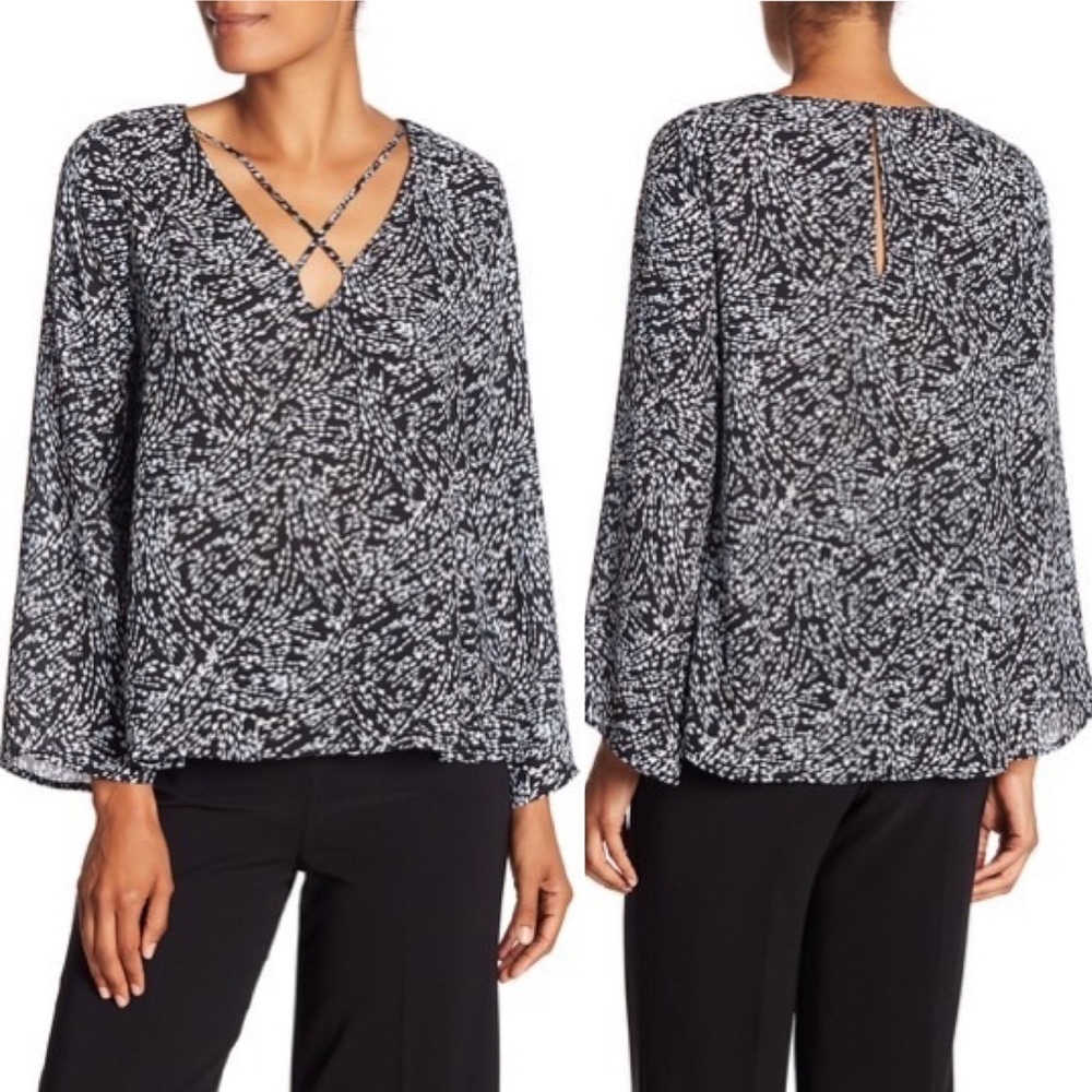 Lush‎ Criss-Cross Bell Sleeve Blouse Black-Blue Dot